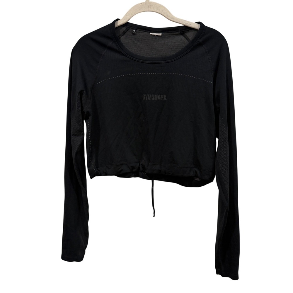 Gymshark Womens Black Mesh Long Sleeve Crop Top Cinched Drawstring Hem Small